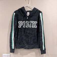   PINK Women's Black and Green Hoodie Size L EUC  