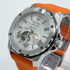 Bulova Men's Marine Star Automatic White Dial Orange Rubber Strap Watch 98A226
