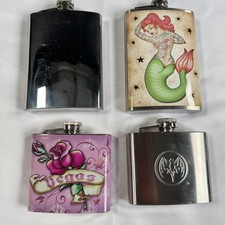 Lot 4 Stainless Steel Hip Flasks Trixie Milo Mermaid Bacardi Bat Vegas 5oz