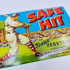 Original Safe Hit Baseball Texas Vegetable Crate Label Weslaco Texas FL3