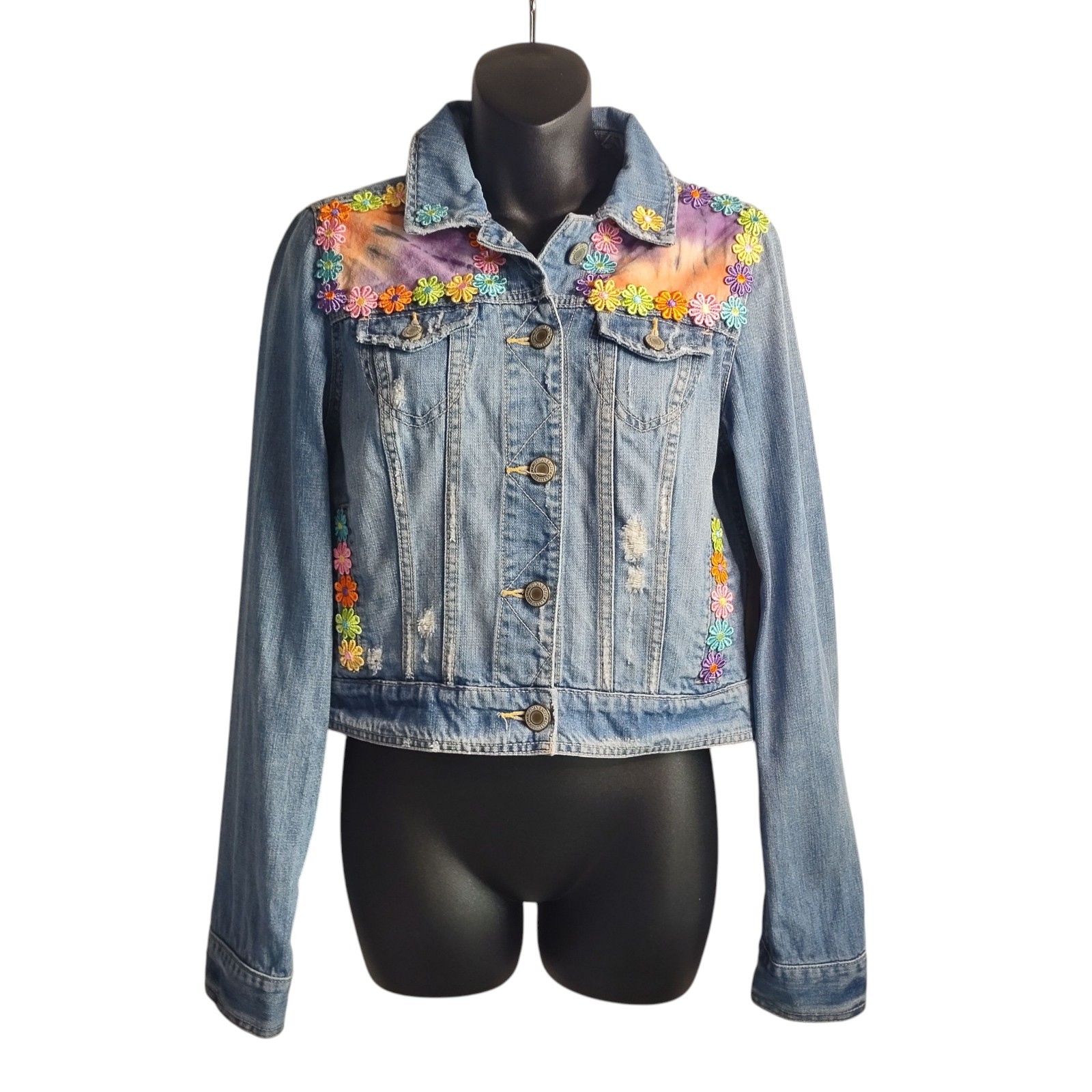 American Eagle Womens Blue Embroidered Denim Jacket Size Medium