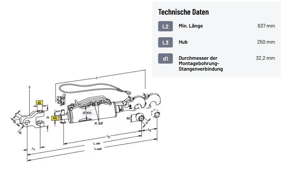 Walterscheid Hydr. Oberlenker mit Dämpfung, Haken mit Kugel Kat.3, Ø105mm - Bild 2 von 2