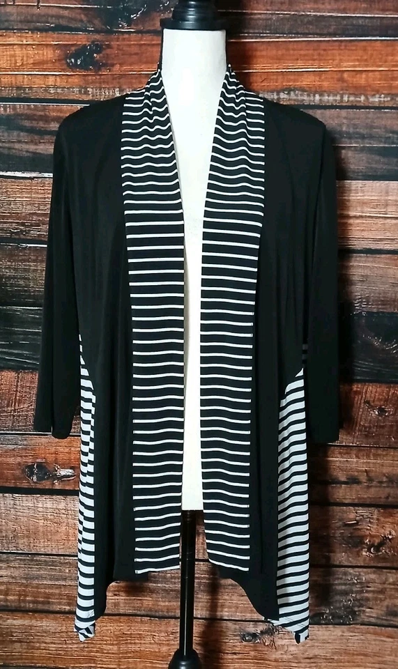 Chicos Cardigan Top Size 3 US XL Petite Lace Black White Striped Open Front  - Image 3 of 4
