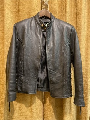 BLACK LEATHER JACKET WOMENS MOTORCYCLE SIZE M LOVE LEATHERS Beaded TRIM