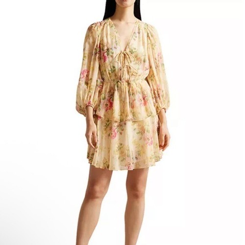 NWT TED BAKER Tamziiy V-Neck Tie Front Floral Mini Dress Size 0 - Picture 3 of 12