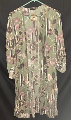 Vision USA Green Aztec Printed Kimono Duster Cardigan Roll Tab Sleeves 2xl NWT