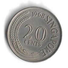 1968 Singapore 20 Cents World Coin - Mintage 10,934,000 - KM# 4 (b)