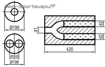 Universal muffler stainless steel round 198mm Y tube L:420mm IN/Out 1x50/2x2x45mm