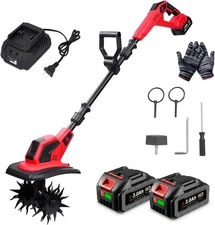 Cordless Tiller Cultivator, 360RPM Electric Garden Tiller with 2×3.0AH Batteries