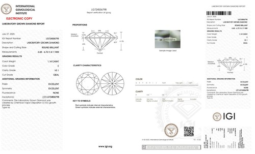 1.14 ct E-VS1 Round Diamond, IGI Certified Diamond, CVD Lab Grown Loose Diamond - Picture 4 of 8