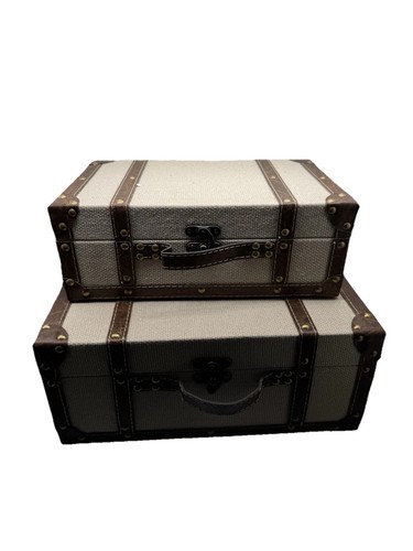 Vintage Suitcase Linen Fabric Covered Decorative Trunk Set of 2 - Antique-Sty... - Picture 4 of 12