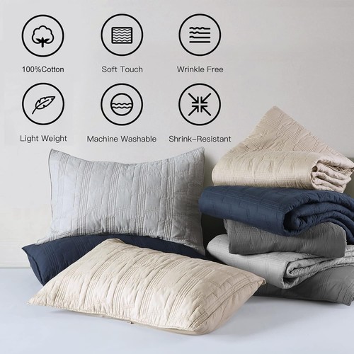 100% Cotton Quilt Set King Size, Grey Pre-washed 3-Piece Bedspread Coverlet Set, - Picture 3 of 7