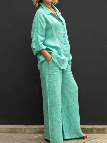 Casual Cotton Linen Two Pieces Set Women Long Sleeve Shirt Trousers Set Suits - Picture 12 of 25