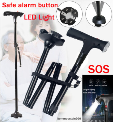Elder Folding Walking Stick Walking Cane Height Adjustable LED Light Torch Alarm