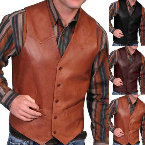 Men's Leather Waistcoat Bikers Motorcycle Coat Jacket Vest Suit Plain Classic - Picture 1 of 10
