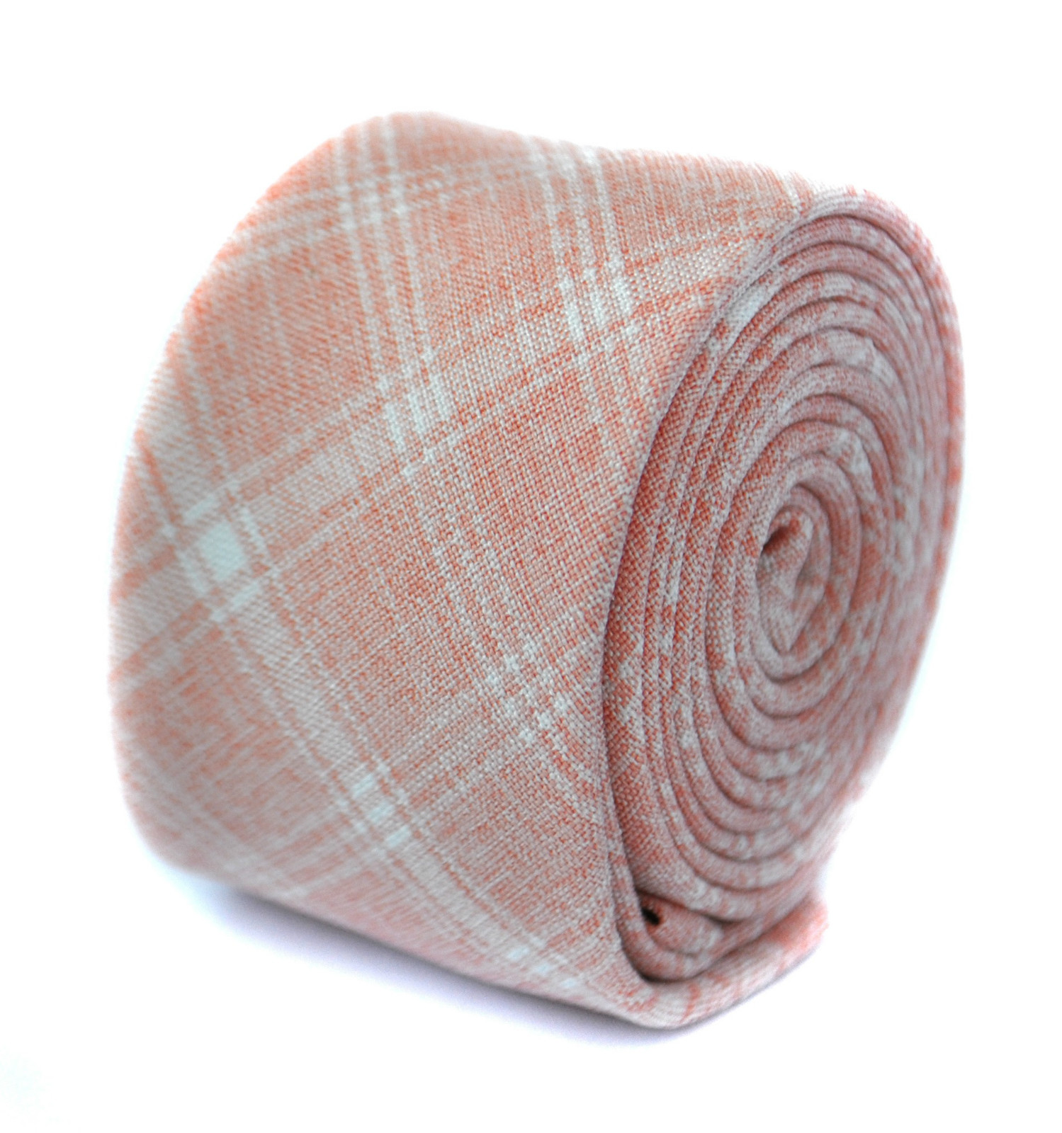 Frederick Thomas Designer Linen Mens Tie - Peach Orange - Check Plaid Skinny