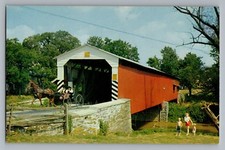Pennsylvania PA Old Covered Wooden Bridge Amish Horse Buggy Postcard 1950s