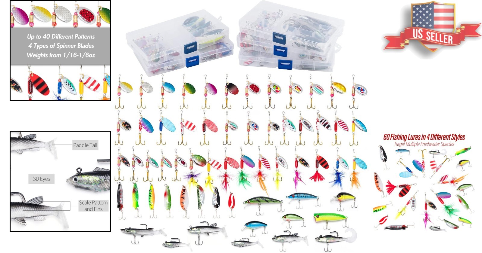 Premium 60-Piece Fishing Lure Kit with 5 Tackle Boxes - Versatile Spinner Set - Image 2