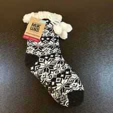 MUK LUKS Cabin Socks Warm Cozy Fuzzy Lined Pom Pom Black Womens S/M 5-7 NWT