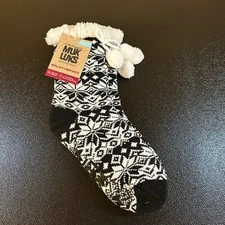 MUK LUKS Cabin Socks Warm Cozy Fuzzy Lined Pom Pom Black Womens S/M (5-7) NWT