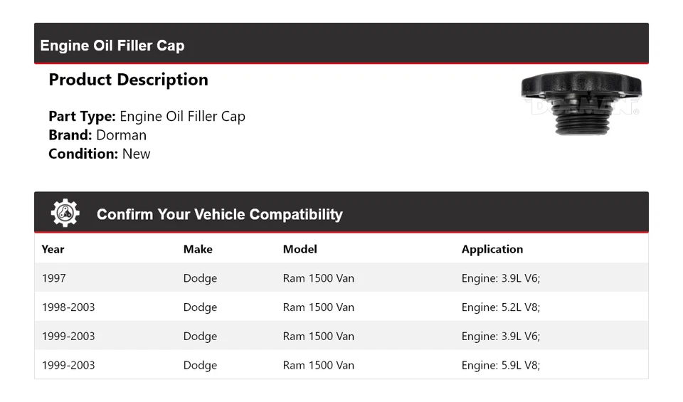 Tapa de llenado de aceite de motor para Dodge Ram 1500 Van Dorman 1997-2003 1998 1999 2000 Foto 2 de 4