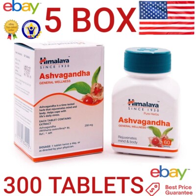 Ashvagandha Himalaya 5 Pack 300 Tablets Vegetarian Botanical 100% Herbs Pure New