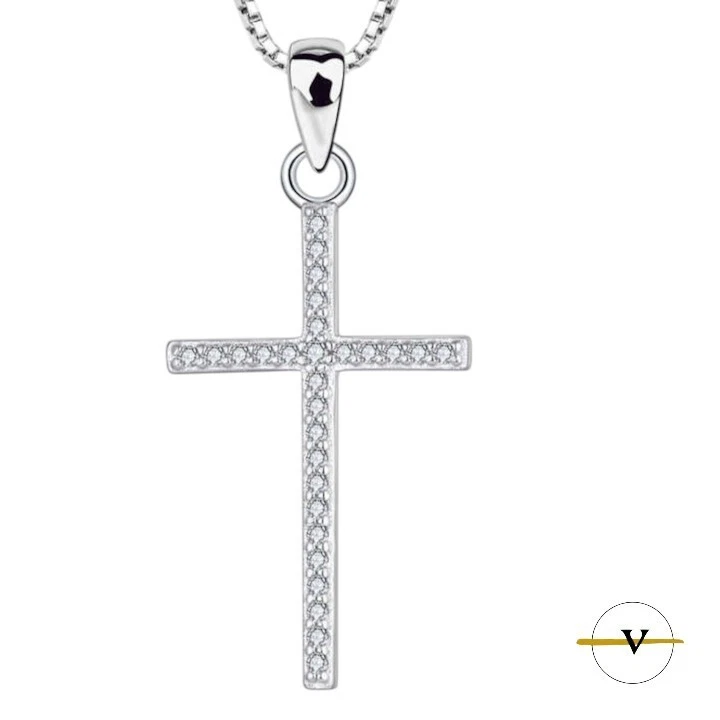 COLLANA CON CROCE IN ARGENTO 925 E ZIRCONI BIANCHI CIONDOLO PENDENTE ViP - Immagine 3 di 4