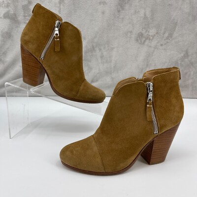 Rag Bone Women's 37 US Margot Tan Camel Suede Double Zip Block Heel  Booties
