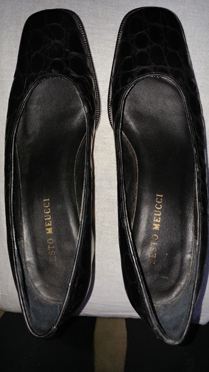 Sesto Meucci Black Leather Crocodile Print Loafers Pumps 