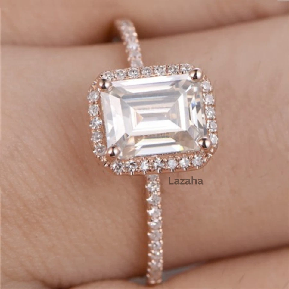 1.50 Ct Emerald Cut Moissanite 18K Rose Gold Halo With Accents Engagement Ring - Image 2 of 4