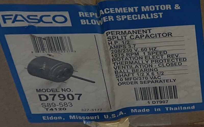 NEW IN ORIGINAL BOX Fasco D7907 Condenser Fan Motor | 1/2 HP 1075 RPM FREE SHIP