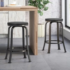 2 Set Counter Stool w Swivel Function, Faux Wood, Iron Frame, Black