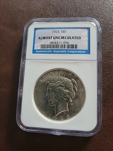 1925 S $1 United States Silver Peace Dollar Blue NGC "Almost Uncirculated"