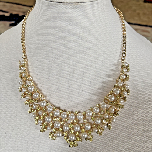 COLLANA girocollo Windsor perle finte tono oro vintage splendida strass