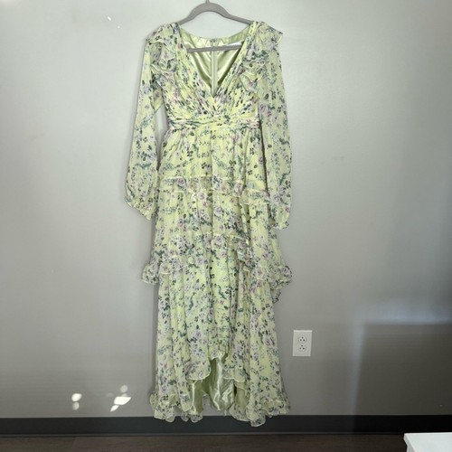 NWT Mac Duggal Dress Floral Chiffon Maxi Gown Tiered Ruffle Key Lime Green 68220 - Picture 8 of 11