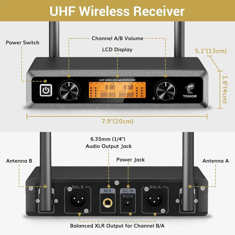 TONOR UHF Wireless Microphones System with Headset/Lavalier Lapel Mics, Black  - Image 3 of 4