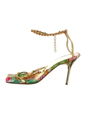 GIUSEPPE ZANOTTI Gold Floral Printed Leather Crystal Sandals IT 38.5 Good Cond.