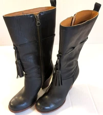 New KORK-EASE Black Leather Boots 6 Tassel Zip Mid Calf Western Flair  Boho Chic
