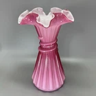 Vintage 1960s FENTON Glass Vase PINK/WHITE WHEAT SHEATH Bundle Ruffle 7.5"