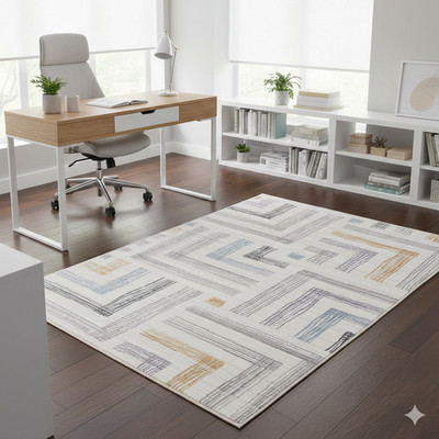 Moderner Teppich Geometrisch Grau Blau Senf Kurzflor Läufer 80x300 Antirutsch