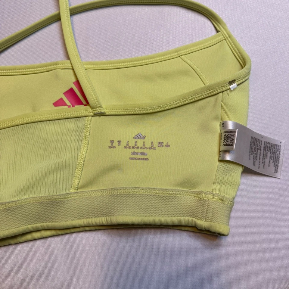 Adidas Sports Bra Med Yellow Pink Logo Crossback Climalite Athletic Gym Active # - Image 3 of 4