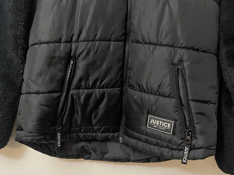 Justice девочек черный пуховик пальто куртка с рукавами из искусственного меха, размер XL-16/18 - Изображение 4 из 4