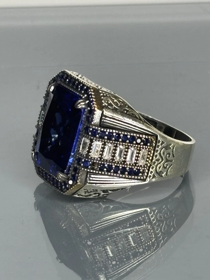 Anillo para hombre de plata de ley 925 con piedra de zafiro hecho a mano diseño otomano Foto 3 de 3