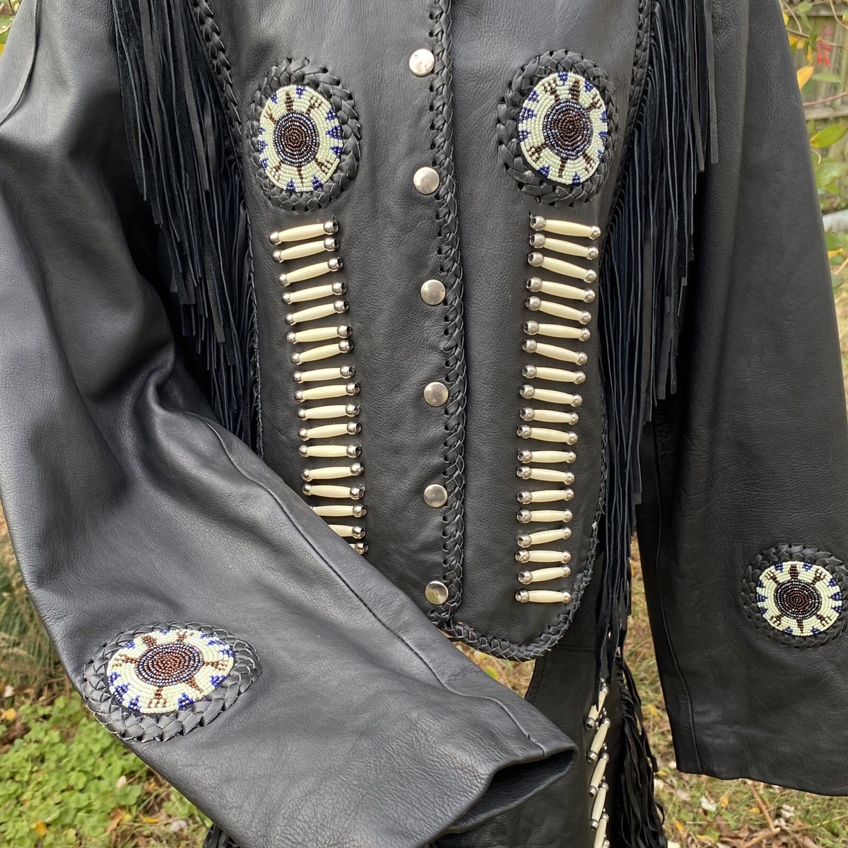 Vintage Sunriders Genuine Leather Fringe Beaded Native American