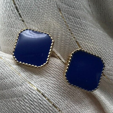 Blue Enamel Square Stud Pierced Earrings Gold Tone