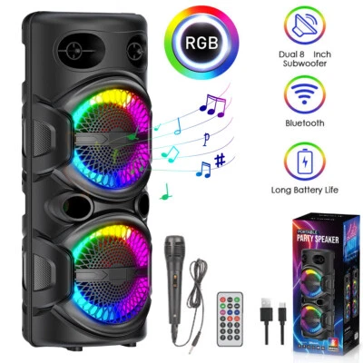 DAZONE Bluetooth Portable Party Speaker Wireless Dual 8" Subwoofer Heavy Bass AUX LED