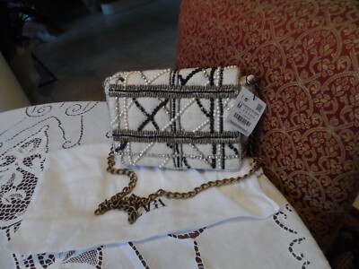 New Zara Ivory Tweed Crossbody Beaded Foldover Purse