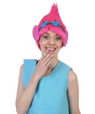 HPO Princess Poppy Troll Wig, Pink Pointy Wig With Green & Blue Felt, HW-2704