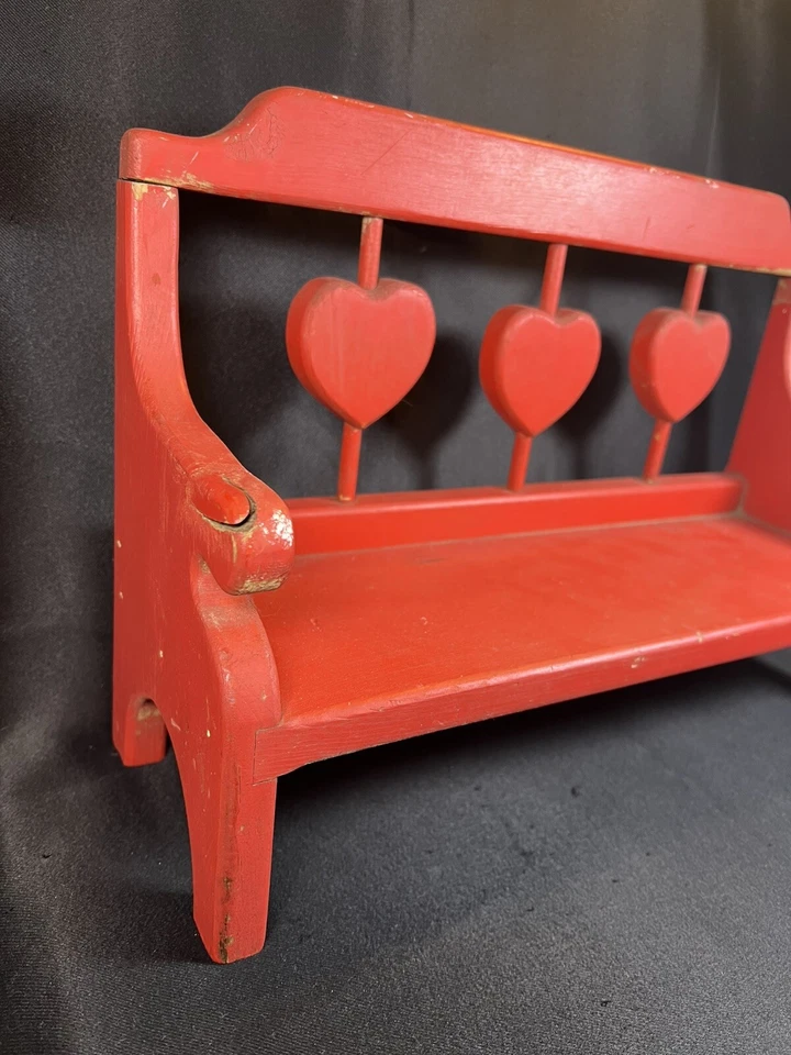 Vintage 16” Handmade Red Rustic Wood Farmhouse Small Bench w Hearts Handcrafted - Image 4 of 4