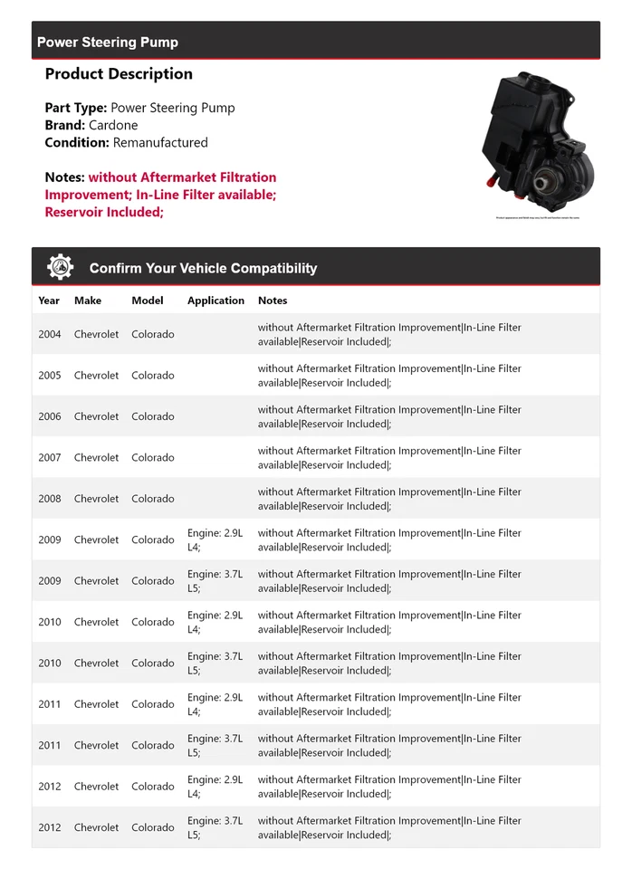 Bomba de dirección asistida Cardone para Chevrolet Colorado 2004-2012 2005 2006 2007 2008 Foto 2 de 4